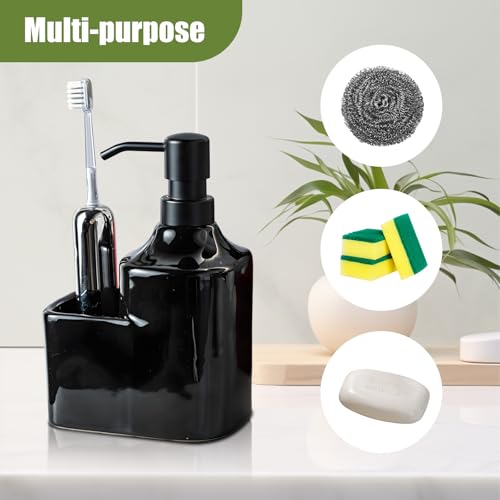 Gets Soap Dispenser Black Ceramic Pump Bottle with Storage Holder | Countertop Liquid Hand Wash Bottle with Organizer Tray for Bathroom, Kitchen, Refillable Modern Dispenser for Vanity Sink - size: Black With Sponge Holder