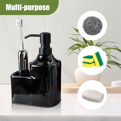 Gets Soap Dispenser Black Ceramic Pump Bottle with Storage Holder | Countertop Liquid Hand Wash Bottle with Organizer Tray for Bathroom, Kitchen, Refillable Modern Dispenser for Vanity Sink - size: Black With Sponge Holder