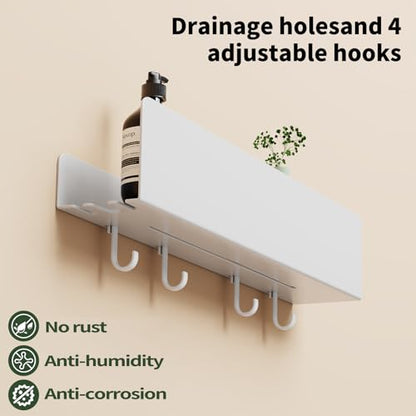 REKITA No Drill Shower Shelf Organizer, 40cm Stainless Steel Bathroom Storage with 4 Removable Hooks, Adhesive Wall Mounted Shower Caddy, Rustproof Bath Shelf for Bathroom Kitchen Living Room - color: White