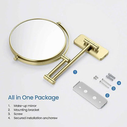 Circular Wall Mount Makeup Mirror, Dual-Sided 1x/5x Magnifying Mirror with Extendable Arm, 360° Swivel, Solid Brass Construction for Durability and Style (Brushed Gold, KMM100) - color: Gold