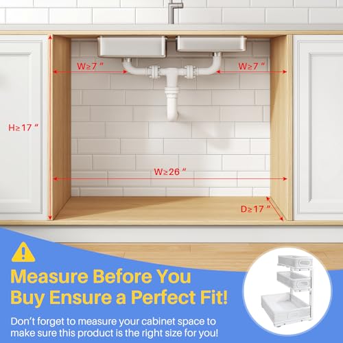 Under Sink Organizer, 3-Tier Thickened Metal Pull out Cabinet Organizer Shelf, Height Adjustable Slide out Storage Drawer Rack for Kitchen Bathroom Pantry Laundry Home Organization, 1-Pack, White | 35% Extra Storage Capacity, Carbon Steel, Hold Up 55lbs,