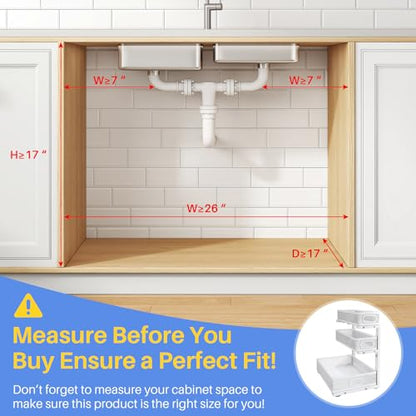 Under Sink Organizer, 3-Tier Thickened Metal Pull out Cabinet Organizer Shelf, Height Adjustable Slide out Storage Drawer Rack for Kitchen Bathroom Pantry Laundry Home Organization, 2-Pack, White | 35% Extra Storage Capacity, Carbon Steel, Hold Up 55lbs,