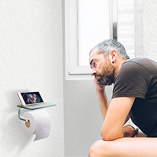 Toilet Paper Holder Bathroom Paper Toilet Roll Holder Hanger,Toilet Paper Holder with Shelf, Glassed Steel Frosted Silvery Lavatory Tissue Holder with Mobile Phone Storage Rack (Silvery) - color: Silvery