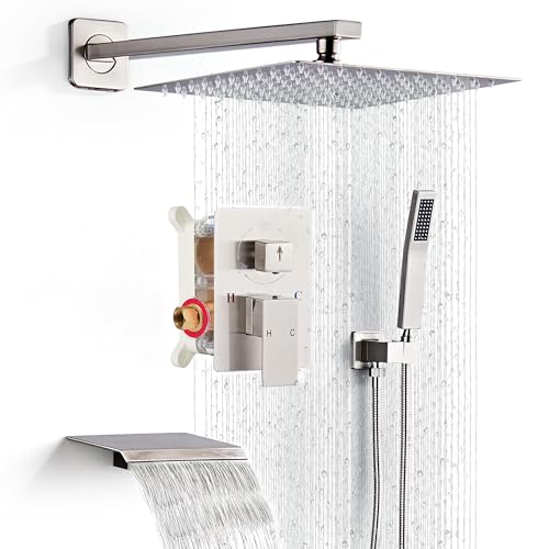 Shower Faucet Set with Tub Spout, Brushed Nickel Rainfall Shower System Complete Wall Mounted for Bathroom with 12 Inch Square Shower Head and Handheld Shower Head Rain Mixer Combo Set - color: Brushed Nickel, style: 12 Inch with Tub Spout
