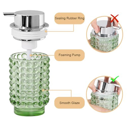 Glass Foaming Soap Dispenser, Green Foam Hand Soap Dispenser, Bathroom 12 Oz Large Bottle with Silver Pump, Refillable Lotion Pump Container for Bathroom, Kitchen,Hand Soap, Dish Soap, Shampoo - color: Green and Silver