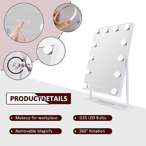 VANITII Lighted Vanity Hollywood Mirror with 12 Dimmable Bulbs Smart Touch Control 3 Colors Light for Tabletop, Detachable 10X Magnification