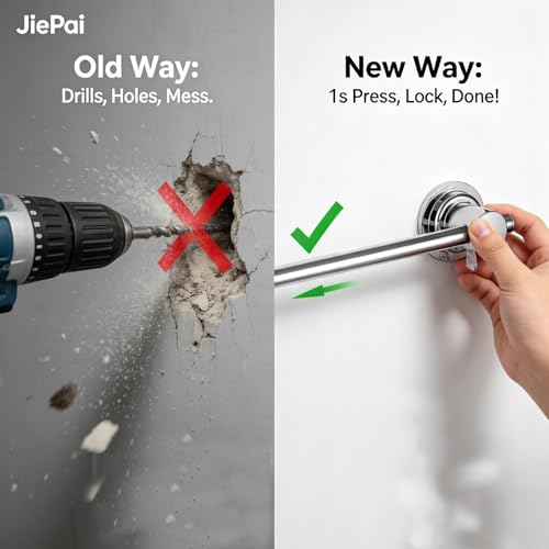JiePai 17-28 Inch Extendable Suction Cup Towel Bar for Bathroom,Chrome | Adjustable,No Drill Removable Vacuum Towel Rail,Heavy Duty Wall Mount ,For Smooth Surfaces,for Bathroom & Kitchen - color: Chrome