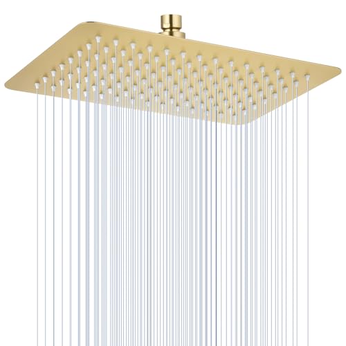 12 x 8 Inch Rectangle Rain Shower Head Brushed Gold, All Metal Stainless Steel 304, Full Body Rainfall Shower with 112 Silicone Nozzles, High Flow Waterfall Showerheads - color: Brushed Gold, size: 12 x 8 Inch Rectangle