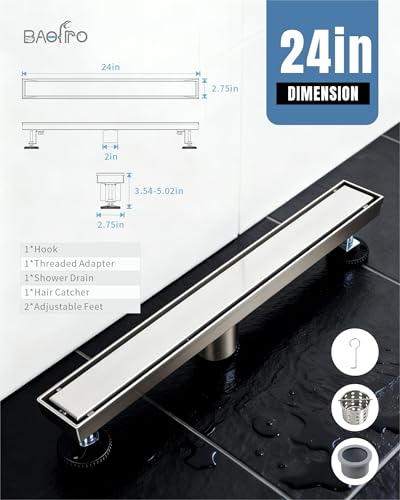 24 Inch Brushed Stainless Steel Linear Shower Drain | CUPC Certified 2-in-1 Tile Insert for Curbless Showers. 304 Steel, 15.8GPM Flow. Includes Hair Catcher & Adjustable Feet. - color: Brushed Stainless, size: 24in