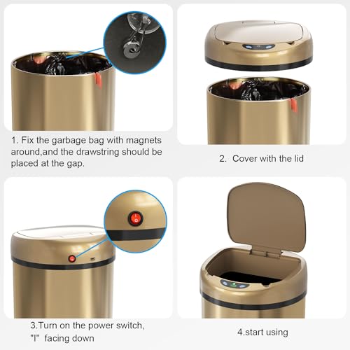 Smart Sensor Trash Can with Automatic Packaging Function 3.5 Gallon Stainless Steel Garbage Bin for Kitchen Bathroom Office Champagne Gold (