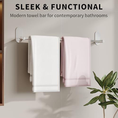 Self Adhesive Towel Bar for Bathroom 24ich Stainless Steel and Zinc Alloy No Drill Towel Rack Heavy Duty Hanger Stick On Hand Towel Holder for Kitchen, Cabinet, Door, Shower, Polished Chrome - color: Polished Chrome