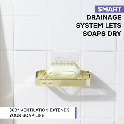 Premium Stainless Steel Soap Holder - Durable with 360-Degree Ventilation - Strong Adhesive Soap Bar Hold - Dish Caddy for Shower Wall Bathroom Mirror Kitchen - Gold