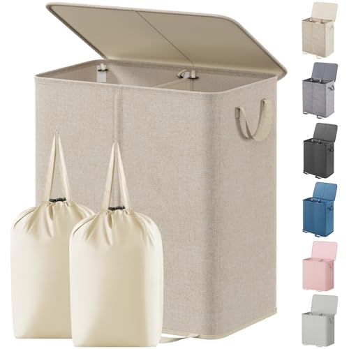 Lifewit Double Laundry Hamper with Lid and Removable Laundry Bags, Large Collapsible 2 Dividers Dirty Clothes Basket with Handles for Bedroom Laundry Room Closet Bathroom College, 155L Beige - color: Beige, size: 155L