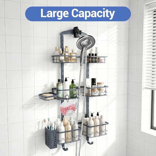Extra Large Shower Caddy Hanging, Rust-Resistant Shower Organizer Hanging,3 Tier Height-Adjustable Over the Head Caddy,Rack with Soap Basket (Gray) - color: Gray