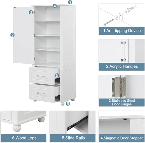 Tall Bathroom Storage Cabinet, Wood Bathroom Kitchen Pantry Cabinet with 2 Drawers and 2 Adjustable Shelves, Freestanding (White) - color: White, size: 23“x15”x61“
