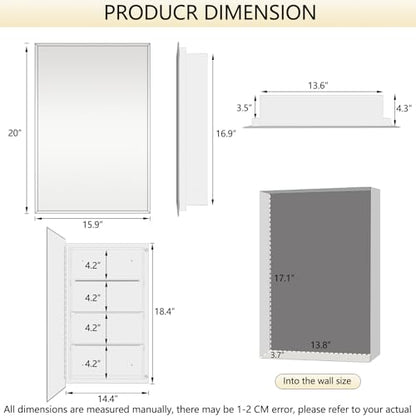 Bathroom Medicine Cabinet with 16x20 in Rectangular Beveled Frameless Mirror,Wall Mounted Mirror Cabinet for Bathroom Toilet Kitchen,Recess or Surface Mount - size: FMG-CM7005-1620