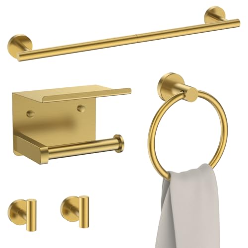 FORIOUS Bathroom Accessories, 5-Piece Bathroom Hardware Set - 24" Towel Bar | Brushed Gold | Towel Hooks, Towel Racks for Bathroom, Toilet Paper Holder With Shelf & Towel Ring | SUS304 Stainless Steel - color: Brushed Gold, size: 24 in | 5 Pieces