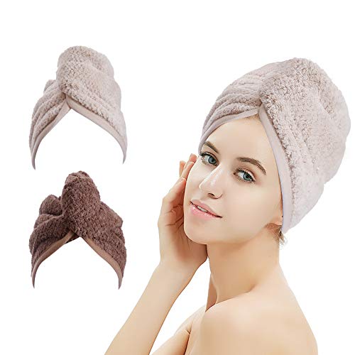 M-bestl 2 Pack Hair Drying Towels,Hair Wrap Towels,Absorbent Microfiber Hair Towel Turban with Button Design to Dry Hair More Quicker（Coffee&Khaki） - color: Coffee&khaki