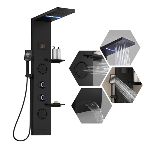 Homevacious 4 In 1 Shower Panel System with Shelf Matte Black | LED Rain Shower Head Adjustable Massage Body Jets 3 Functions Handheld Head Tub Spout Stainless Steel - color: Matte Black, style: LED Shower Panel