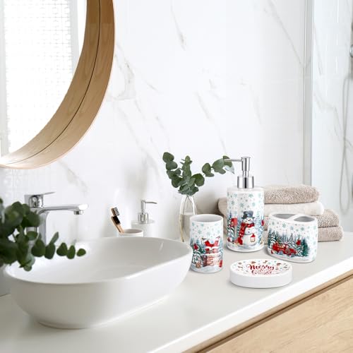 4 Pcs Christmas Ceramic Bathroom Accessories Gifts Xmas Bath Tumbler Xmas Tree Soap Dispenser Toothbrush Holder Soap Tray Merry Christmas Bathroom Decorations(Snowman) - style: Snowman