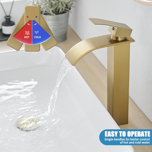 RUMOSE Tall Bathroom Faucet Vessel Sink Faucet with Drain, Brushed Gold | Modern Single Handle One Hole Bathroom Faucet Waterfall Rv Lavatory Vanity Faucet Mixer Tap, Pop Up Drain, Stainless Steel - color: Brushed Gold