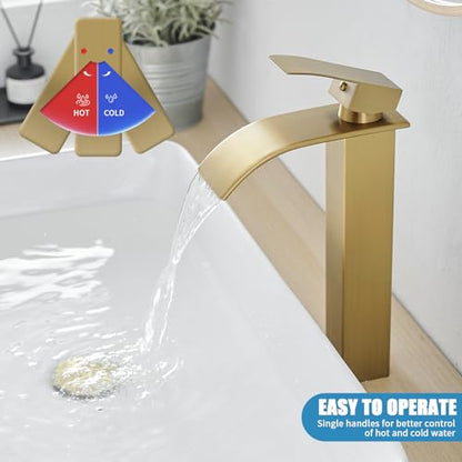 RUMOSE Tall Bathroom Faucet Vessel Sink Faucet with Drain, Brushed Gold | Modern Single Handle One Hole Bathroom Faucet Waterfall Rv Lavatory Vanity Faucet Mixer Tap, Pop Up Drain, Stainless Steel - color: Brushed Gold