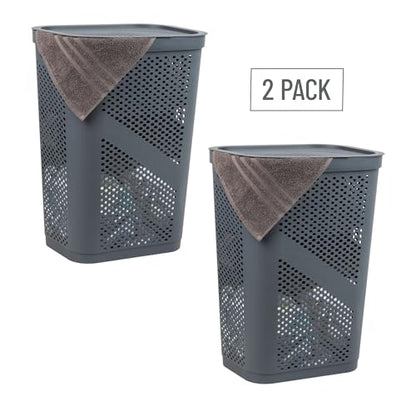 Mind Reader 60L Slim Laundry Hamper, Clothes Basket, Lid, Ventilated, Plastic, Set of 2, Gray - color: Gray, size: 2-Pack