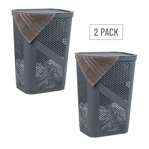 Mind Reader 60L Slim Laundry Hamper, Clothes Basket, Lid, Ventilated, Plastic, Set of 2, Gray - color: Gray, size: 2-Pack