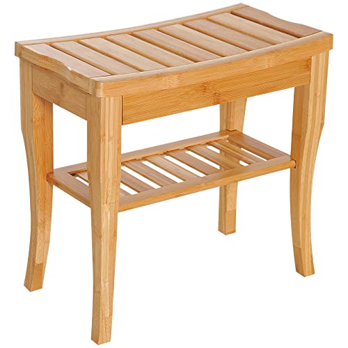 HOMCOM Long Bamboo Shower Bench Seat, 20" Tall Wooden Spa Shower Stool | Underneath Storage Shelf, Shoe Organizer