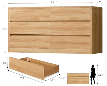 55" Dresser for Bedroom with 6 Drawers, Dressers & Chests of Drawers with Curved Profile Design, 6 Drawer Dresser, Bedroom Dressers, Wood Dressers for Bedroom, Hallway, Natural - color: Natural, 6 Drawers