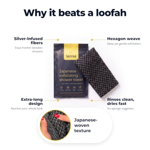 Exfoliating Washcloth Face & Body Scrub Towel - Japanese Exfoliating Towel with Hexagon Fibers, Body Scrubber with 2 Sides for Scrubbing & Washing, Extra Long Body Towels (Black) | Japanese Exfoliating Washcloth with Hexagon Fibers, 2 Sides for Scrubbing