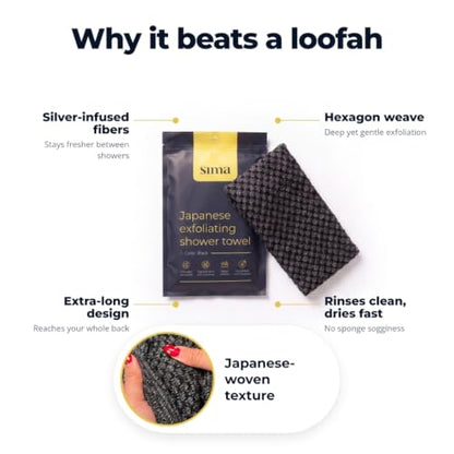Exfoliating Washcloth Face & Body Scrub Towel - Japanese Exfoliating Towel with Hexagon Fibers, Body Scrubber with 2 Sides for Scrubbing & Washing, Extra Long Body Towels (Black) | Japanese Exfoliating Washcloth with Hexagon Fibers, 2 Sides for Scrubbing