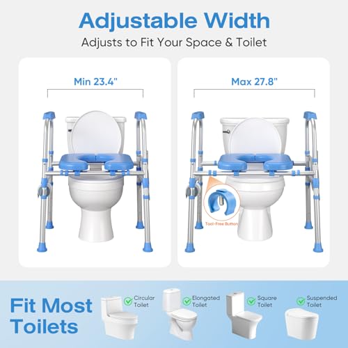 Padded Toilet Seat Riser for Seniors FSA/HSA Eligible, Adjustable Safety Frame Raised Toilet Seat with Handles, Heavy Duty Bariatric Recovery Elderly Assistance Products, Fits Round & Elongated - color: Light Blue