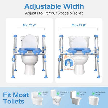 Padded Toilet Seat Riser for Seniors FSA/HSA Eligible, Adjustable Safety Frame Raised Toilet Seat with Handles, Heavy Duty Bariatric Recovery Elderly Assistance Products, Fits Round & Elongated - color: Light Blue