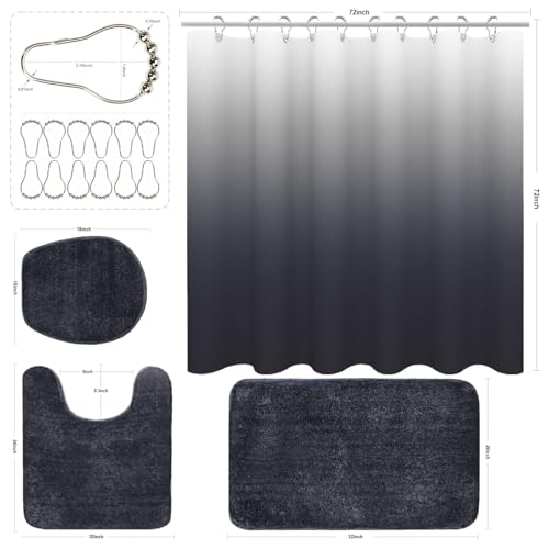 Shower Curtain Sets with Rugs and Adjustable Toilet Seat Cover | 4 Pcs Dark Grey Bathroom Sets with Shower Curtain and Rugs and Microfiber Toilet Lid Cover - color: Dark Grey