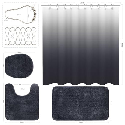 Shower Curtain Sets with Rugs and Adjustable Toilet Seat Cover | 4 Pcs Dark Grey Bathroom Sets with Shower Curtain and Rugs and Microfiber Toilet Lid Cover - color: Dark Grey