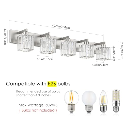 Aipsun Brushed Nickel Bathroom Lighting Fixtures 5 Light Vanity Light Crystal Modern Bathroom Vanity Light (Exclude Bulb) - color: Brushed Nickel, size: 40 inch