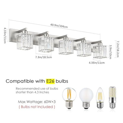 Aipsun Brushed Nickel Bathroom Lighting Fixtures 5 Light Vanity Light Crystal Modern Bathroom Vanity Light (Exclude Bulb) - color: Brushed Nickel, size: 40 inch