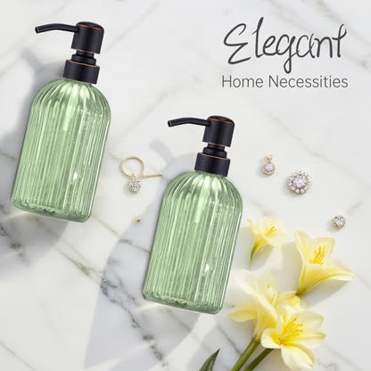 16Oz Green Glass Soap Dispenser with Rust Proof Bronze Stainless Steel Pump, Green Countertop Refillable Liquid Lotion Dispensers with Stainless Steel Pump, Oil Rubbed Bronze Soap Dispenser,2 Packs - color: Oil Rubbed Bronze+ Green, size: 2-Pack