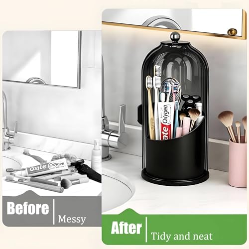 JEESA Dustproof Toothbrush Holder with Cover, All Black | 360° Rotating, 180° Sliding Lid, 3 Slots, Toothbrush Organizer, for Bathroom Countertop - color: All Black