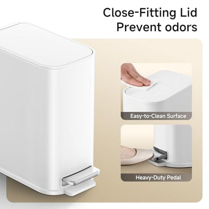 TIPGO Small Bathroom Trash Can with Lid Soft Close,1.3 Gallon, White | Step Pedal, Removable Inner Bucket, 5 Liter Slim Stainless Steel Garbage Can for Bedroom, Office, Kitchen - color: White