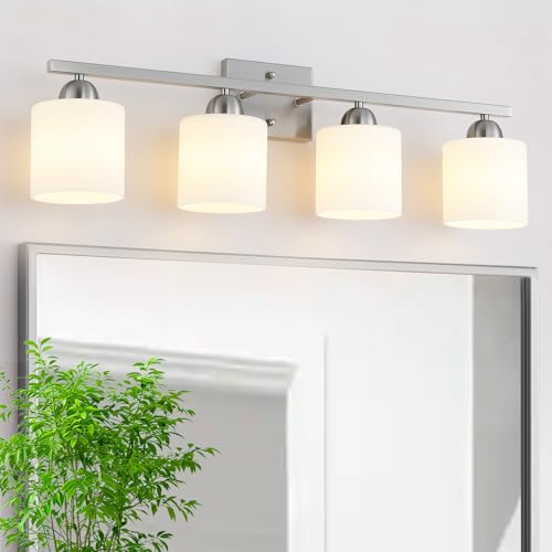Mecgirn Stainless Steel Milk Glass Vanity Lights for Bathroom, 4 Light Brushed Nickel Bathroom Light Fixtures Over Mirror, Ceramic E26 Sockets Wall Mounted - color: Brushed Nickel, size: 4 Light