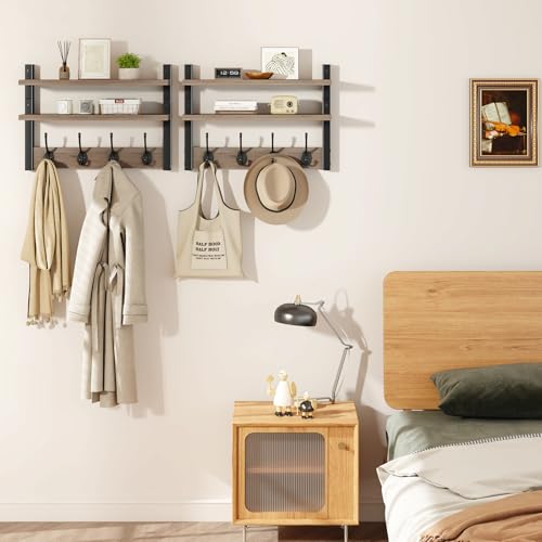 YMYNY Double Shelf Coat Rack Wall Mount with 8 Hooks, Silver Gray HWS009Y-2 | Wooden Coat Hanger Key Holder Wall Mount for Coats Hats Keys - Wood Wall Mounted Coat Rack with Shelf for Entryway & Bathroom - color: Silver Gray