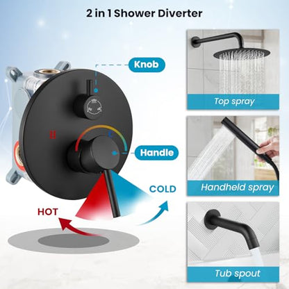gotonovo Tub Shower Faucet Set with Valve,Matte Black,Straight Handheld | 10” Rain Shower Head with Handheld Trim Kit,Luxury Shower System with Tub Spout,All Metal,Bathroom Wall Mounted 3 Function - color: Black