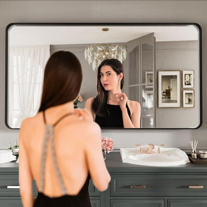 LOAAO Black Metal Framed Bathroom Mirror for Wall, Large 55X30 Inch Rounded Rectangle Mirror, Matte Black Bathroom Vanity Mirror Farmhouse, Anti-Rust, Tempered Glass, Hangs Horizontally or Vertically | Rounded Rectangle, Matte Black Bathroom Vanity Mirror