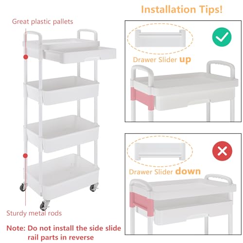 Calmootey 4-Tier Rolling Utility Cart with Drawer,Multifunctional Storage Organizer with Plastic Shelf & Metal Wheel,Storage Cart for Kitchen,Bathroom,Living Room,Office,White | Space-Saving Organizer, Sturdy Plastic Shelves, Smooth-Rolling Metal Wheels,