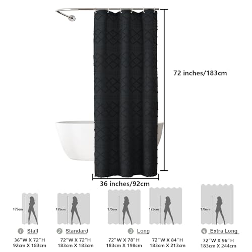 Black Stall Boho Shower Curtain, Modern Tufted Plaid Striped Narrow Half Size Fabric Shower Curtain, Farmhouse Clip Jacquard Textured Shower Curtains for Bathroom, 36" Wx72 L - color: Black, size: 36"W x 72"L (Pack of 1)