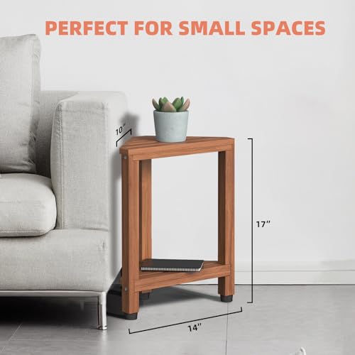 Samplife 17" Teak Corner Shower Stool for Shaving Legs, Space-Saving Shower Foot Rest with Storage Shelf, Water-Resistant Corner Bench for Inside Shower & Small Bathrooms