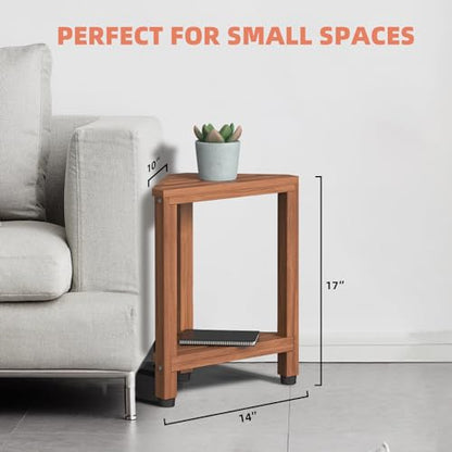 Samplife 17" Teak Corner Shower Stool for Shaving Legs, Space-Saving Shower Foot Rest with Storage Shelf, Water-Resistant Corner Bench for Inside Shower & Small Bathrooms