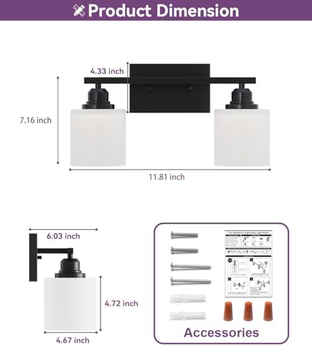 Modern Bathroom Lights - 2-Light Vanity Fixtures with Milky White Glass Shades, Anti-Rust Matte Black Finish, E26 Base - color: Black-2 Light